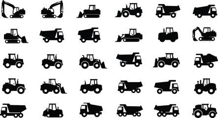 Construction vehicle silhouettes set, heavy machinery icons, dump trucks, tractors, bulldozers, excavators, black vector illustration for industrial use.