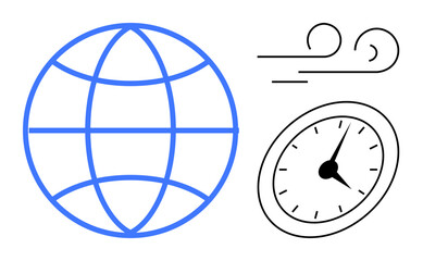 Blue globe, wind lines, and clock representing worldwide communication, speed, and change. Ideal for global vision, technology, efficiency, progress time management connectivity simple flat