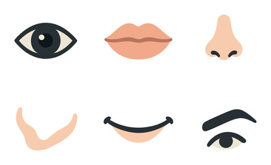 Abstract representation of human facial features: eye, lips, nose, eyebrow in minimalist design