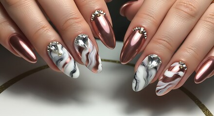 Elegant Rose Gold Marble Nails with Rhinestone Accents