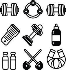 Fitness icons set dumbbells medicine ball massage gun barbells weightlifting gear and supplements for gym workout training health and wellness
