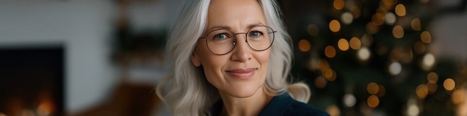 Obraz premium Mature caucasian woman with glasses smiling indoors during christmas season
