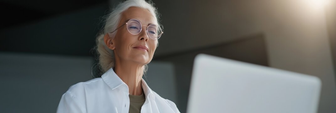 Caucasian elderly female scientist in glasses using laptop in modern laboratory