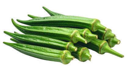 Fresh okra pods, vibrant green, clustered