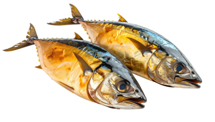 Two whole tuna fish, side-by-side,  displaying golden-brown and dark-blue scales