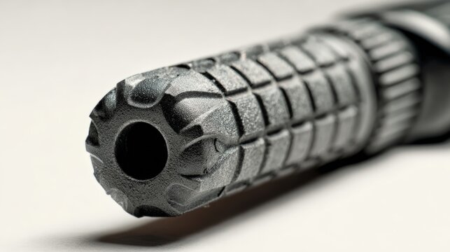 Close up of textured black muzzle device with detailed design features
