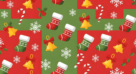 Festive christmas pattern seamless repeating design with stockings bells snowflakes candy canes