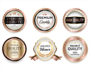 Collection of premium quality and customer satisfaction warranty guaranteed gold and pink badges and emblem