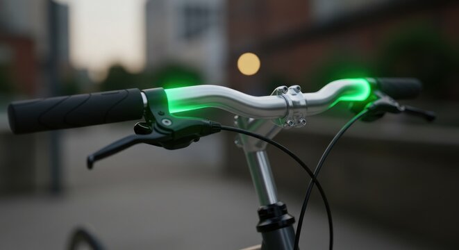 Close up of bicycle handlebars with green lights