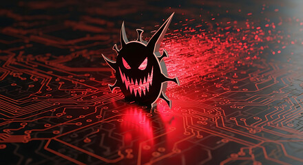 Evil virus icon on glowing red circuit board with data streams malware computer virus