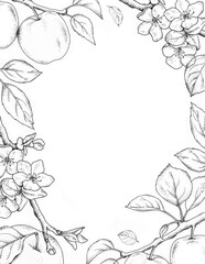 Template with outline elements - green apples, flowers and leaves. Hand drawn illustration isolated on white background.