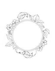 Frame with outline elements - green apples, flowers and leaves. Hand drawn illustration isolated on white background.