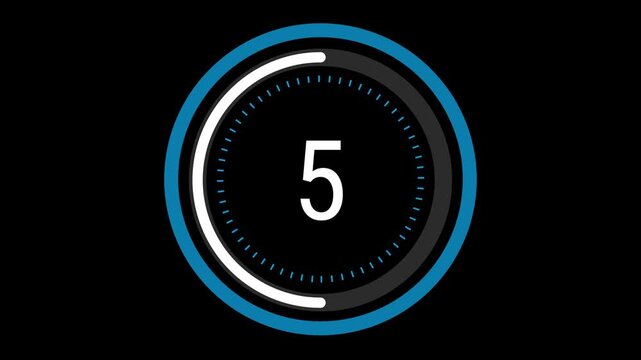10-second sleek blue and white countdown with a rotating dashed inner ring, a pulsating outer circle, and a decreasing time gauge on a black background. 4K Motion Graphics.