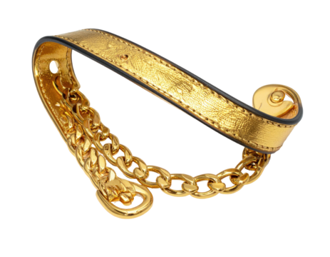 Gold-toned leather bracelet with chain detail.  A curved, gold-toned leather band forms a bracelet, with a double chain section attached to the band