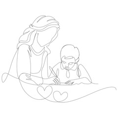 Continuous line drawing of a mother and child learning together with hearts writing