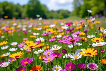 Obraz premium Vibrant wildflowers bloom in a sun-drenched meadow, a profusion of color and texture in a picturesque summer landscape, idyllic, nature, meadow
