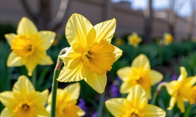 Fototapeta premium Vibrant daffodil, sunny yellow petals, trumpet-shaped crown, green stem, spring bloom, close-up view, botanical, floral, nature, plant, springtime, nature photography