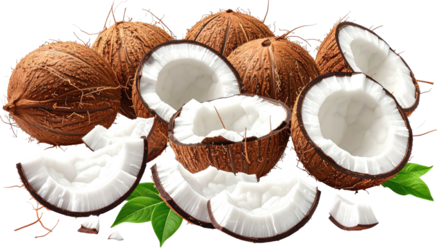 A cluster of whole and halved coconuts, with pieces scattered around.  The coconut flesh is a bright white, contrasting with the brown husks.  Green leaves are interspersed amongst the fruit