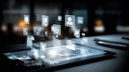Modern tablet displaying holographic user interface icons, representing future digital communication, data management, and augmented reality technology. - Powered by Adobe