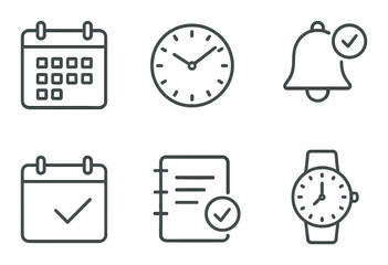 Monochrome icon set: calendar, clock, bell, notebook, time management symbols