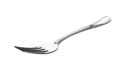 A stainless steel fork, angled, with a slender, curved handle and three tines