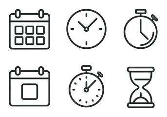 Minimalist time and calendar icon set featuring clocks and hourglasses