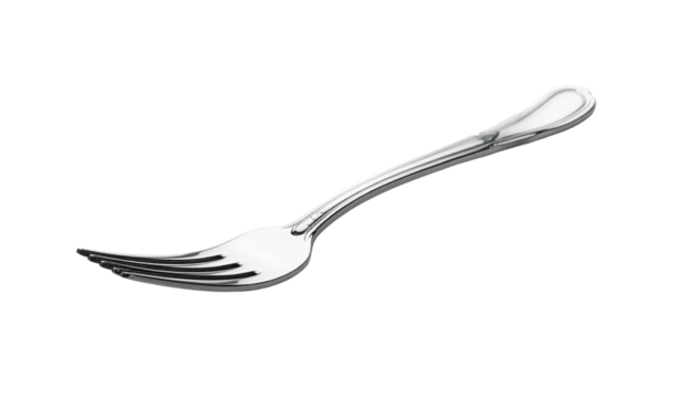 A stainless steel fork, angled, with a slender, curved handle and three tines