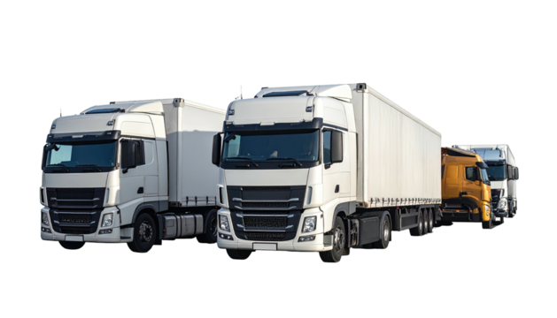 Three modern white and tan semi-trucks lined up, facing forward.  Empty cargo trailers
