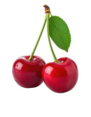 Two ripe cherries, vibrant red, glossy, with green leaf and stem, isolated against black background