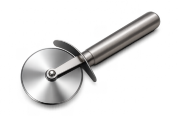 Stainless steel pizza cutter kitchen utensil isolated on transparent background