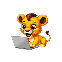 Cute Lion Cub with Laptop