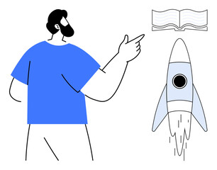 Man gesturing at a floating book and a rocket launching upwards. Ideal for education, innovation, creativity, growth, entrepreneurship, motivation, learning. Simplistic flat metaphor