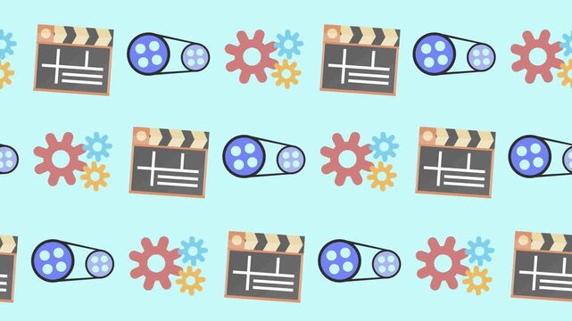 Seamless pattern of filmmaking, industry, and technology icons in a cartoon animation. Repeating wallpaper with a clapperboard, pulley, and gear symbol. Movie and mechanical process background looping