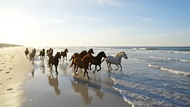 Herd of majestic wild horses running free on a sandy beach at sunset. Aerial view of powerful stallions galloping in the ocean water.