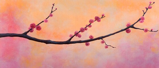 Pink Blossom Branch on Soft Sunset Sky Abstract Painting