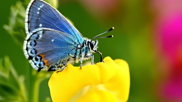 Macro close-up of a beautiful blue butterfly feeding on a yellow flower's nectar in a summer garden. Detailed shot of an insect with vibrant wings.