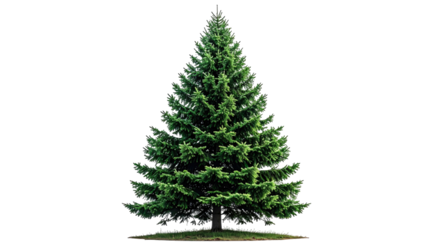 Isolated evergreen Christmas tree. Lush green needles, conical shape, against black background