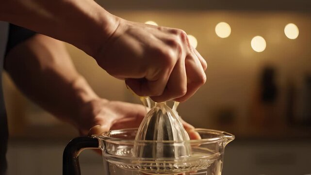 A man's hands squeeze a lemon using a lemon squeezer, extracting lemon juice. The man's hands work with the lemon squeezer in a softly lit kitchen environment.