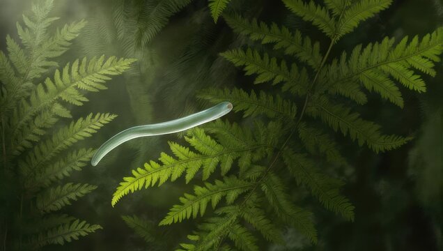 A slender flatworm glides gracefully across lush green fern fronds in a sun-dappled forest setting.