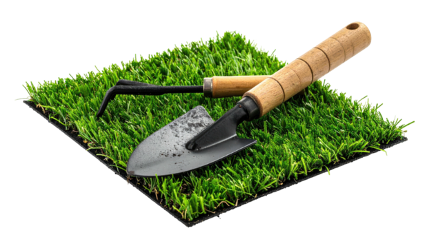 A close-up of gardening tools, a small trowel and cultivator, resting on a patch of artificial grass