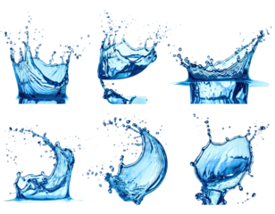 Six water splashes, varying shapes and sizes,  in a vibrant blue tone