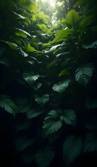 A dense cluster of dark green tropical leaves, layered densely to create a sense of depth. The leaves are varying shades of dark green, with a glossy and matte contrast. The sunlight peeks through the