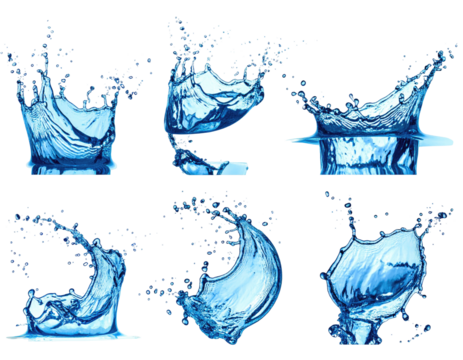 Six water splashes, varying shapes and sizes, in a vibrant blue tone