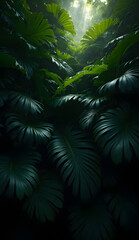 A dense cluster of dark green tropical leaves, layered densely to create a sense of depth. The leaves are varying shades of dark green, with a glossy and matte contrast. The sunlight peeks through the