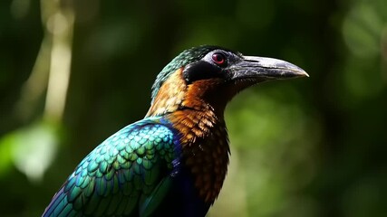 Majestic Scaly-breasted Ground Roller (Geobiastes squamiger) in a rainforest. Extreme close-up showcasing its colorful iridescent feathers and bright red eye.