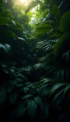 A dense cluster of dark green tropical leaves, layered densely to create a sense of depth. The leaves are varying shades of dark green, with a glossy and matte contrast. The sunlight peeks through the