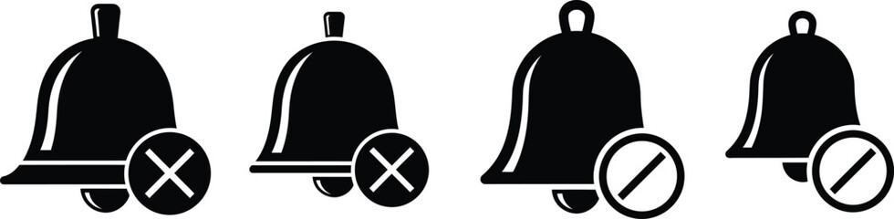 Four black silhouette icons of bells with prohibition symbols Keywords: bell, notification, mute, silent, off, disabled