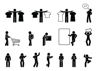 People in a store, shopping for clothes and groceries, icon set, stick figure stickman isolated silhouette, T-shirt sale