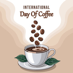 Celebratory illustration for International Coffee Day featuring roasted beans falling into a steaming hot cup.