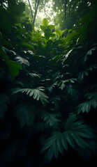 A dense cluster of dark green tropical leaves, layered densely to create a sense of depth. The leaves are varying shades of dark green, with a glossy and matte contrast. The sunlight peeks through the